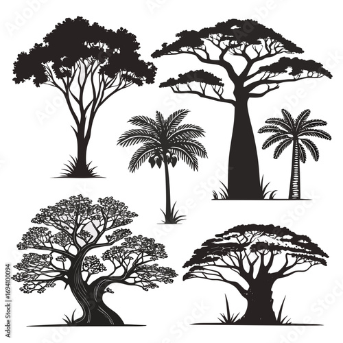 Diverse jungle tree silhouettes trees baobab