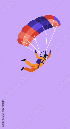 A skydiver with a colorful parachute descends, symbolizing adventure, freedom, and the thrill of extreme sports. Ideal for lifestyle and travel themes.