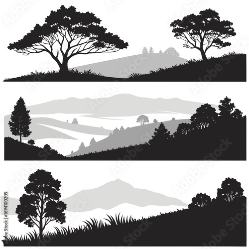 Diverse tree silhouettes on rolling hills trees landscape