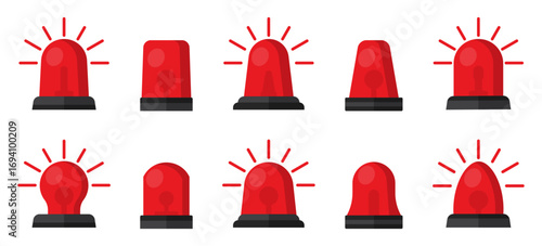 Emergency siren collection. Set of red alarm sirens with flashing lights. Used for police, ambulance, warning and urgent emergency signals