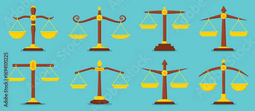 Justice scale collection. Set of golden and brown balance scales. Represents fairness, law, and equality in symbolic flat style