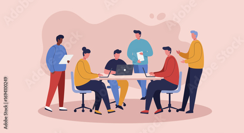Diverse team of professionals collaborating in a modern office meeting, discussing ideas and working on laptops. Concept of business teamwork, strategy, and innovation.