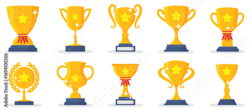 Trophy award collection. Golden cups and awards in different styles. Symbol of achievement, success, victory, and competition excellence