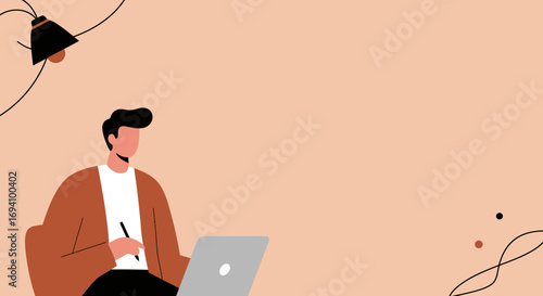 A man works diligently on his laptop with a pen, depicting remote work, learning, or creative tasks in a modern, minimalist setting. Perfect for business and lifestyle themes.