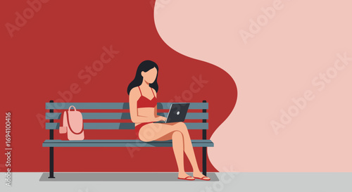 Woman in a red bikini working on a laptop while relaxing on a bench. Represents remote work, digital nomad lifestyle, and summer vacation productivity.