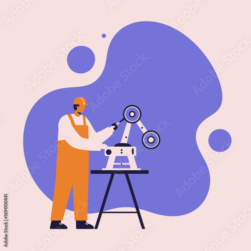 Skilled technician in a hard hat and overalls operating a modern robotic arm. Represents automation, smart manufacturing, engineering, and the future of industrial technology.