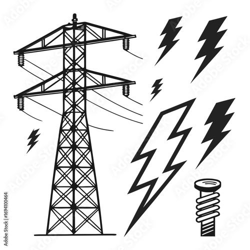 Electricity tower lightning bolt screw power lines