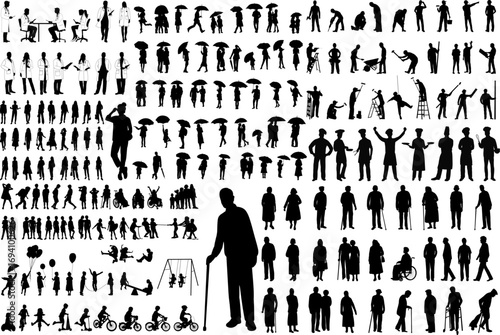 set of silhouettes people, different professions, men, women, children, old people, collection of people vector