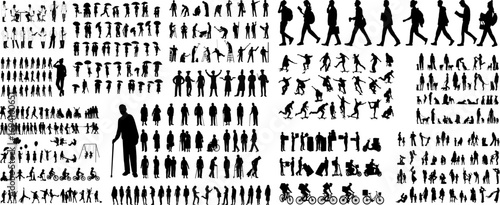 set of silhouettes people, different professions, men, women, children, old people, vector
