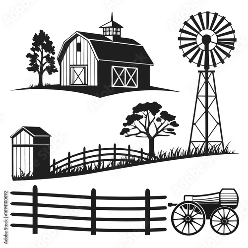 Farm elements silhouettes barn windmill wagon fence