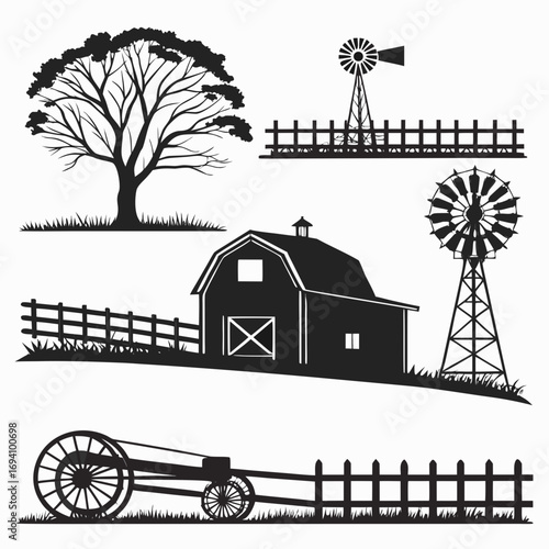 Farm scene silhouettes barn windmill tree cart fence