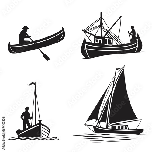 Fishing boats and canoe silhouettes sailboat black and white