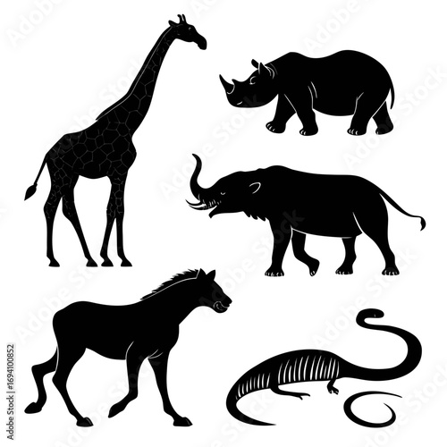 Five black animal silhouettes on white giraffe rhinoceros