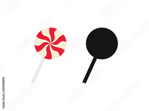 Cute lollipop vector icon. Features a peppermint swirl design in a flat style with a silhouette version. Ideal for food, sweets, and celebration themes