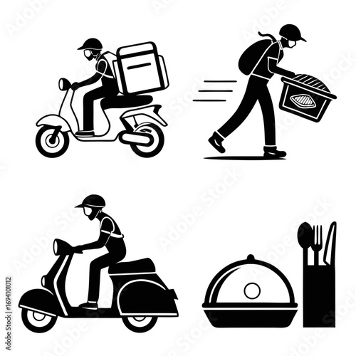 Food delivery icons scooter walker serving dish cutlery