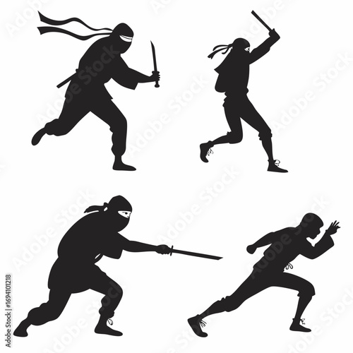 Four black ninja silhouettes in action poses warrior