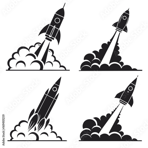 Four black rocket ships ascending with smoke plumes