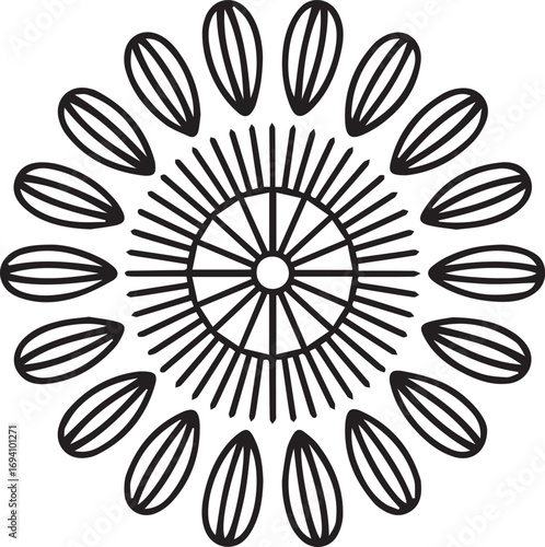 Black and white radial flower design with many thin petals
