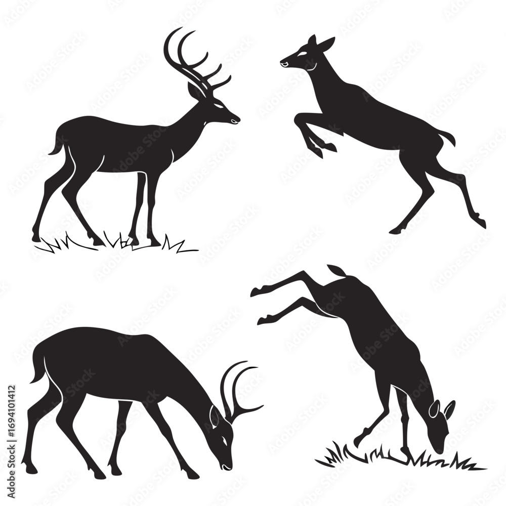 Obraz premium Four deer silhouettes in various poses antelope black and white