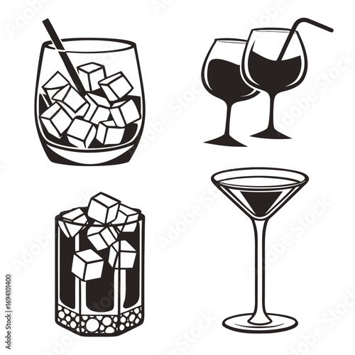 Four drinks with ice and straws cocktails glasses