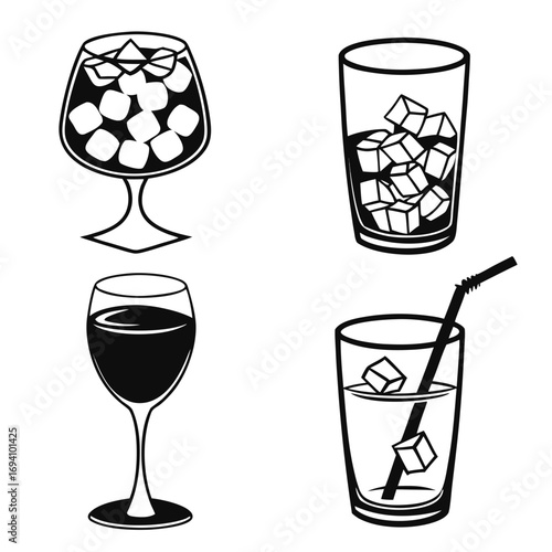 Four drinks with ice cubes and straw glasses beverage
