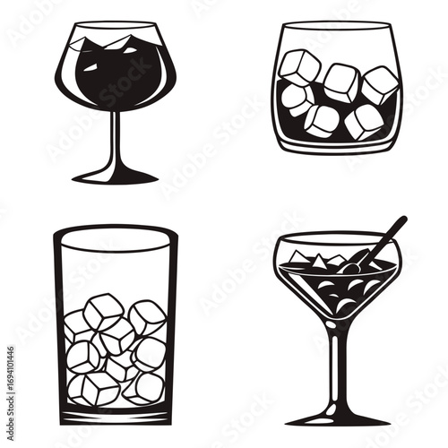 Four drinks with ice cubes beverage glass