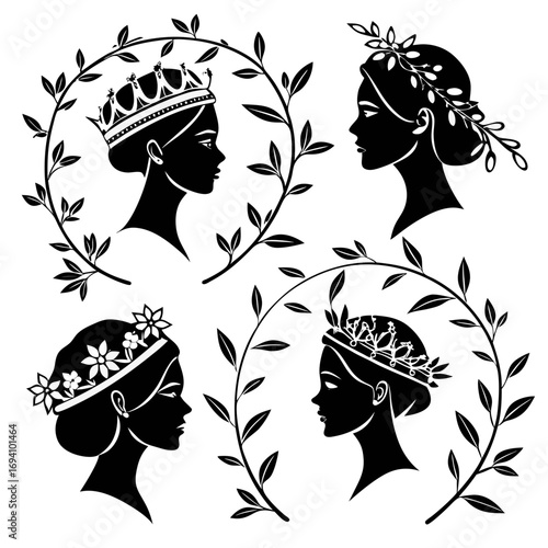 Four elegant female profiles adorned with floral crowns and leafy vines