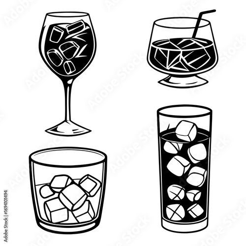 Four glasses with ice cubes and drinks beverage cocktail