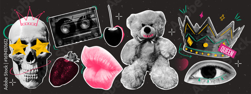 Retro halftone mixed media collage. Skull, cassette, strawberry, lip, cherry, toy bear, crown and eye with dotted effect and vintage style. Punk design elements.