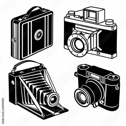 Four vintage camera silhouettes black and white vintage cameras