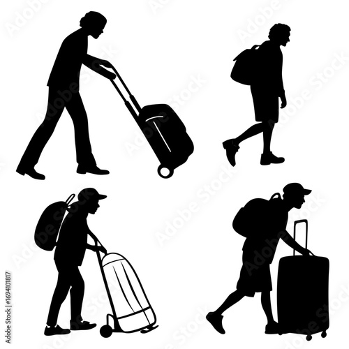 Four travelers with luggage silhouettes suitcase trolley