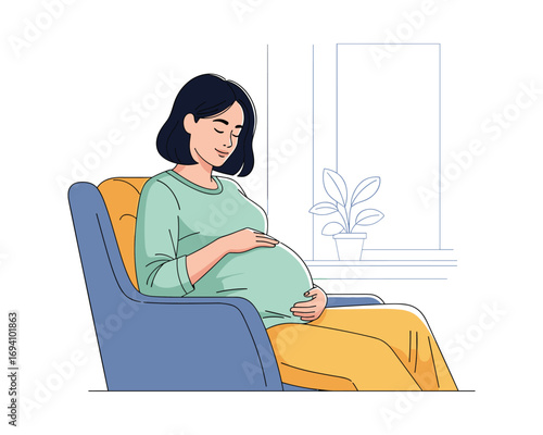 The Waiting Heart: A peaceful pregnant woman, cradles her growing belly while basking in the serene atmosphere.