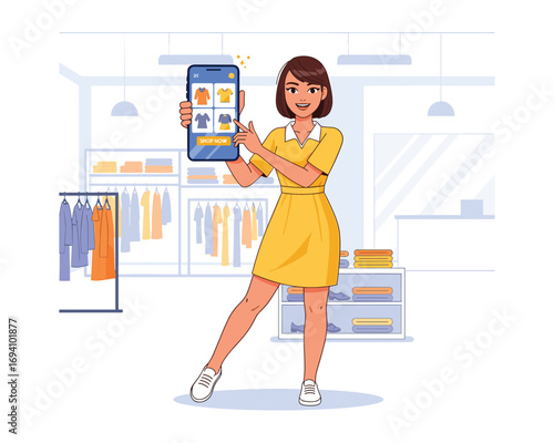 Online Shopping Illustration: A stylish woman stands confidently in a retail store setting, showcasing a mobile phone displaying various clothing items.