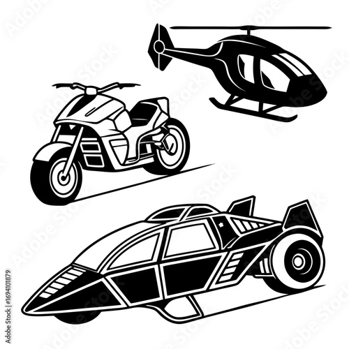 Futuristic vehicles and helicopter motorcycle futuristic car