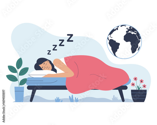 Dreamland's Embrace: A serene illustration showcases a person peacefully asleep on a bed, enveloped in the tranquility of a world of dreams.