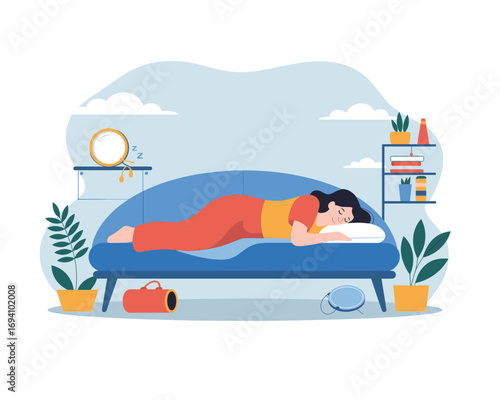 Restful Slumber on the Couch: A tranquil scene of a person lying peacefully on a couch. The soft pastel colors and the gentle curve of the sofa evoke a sense of calm.
