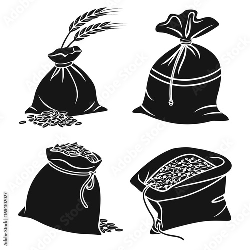 Grain sacks with wheat ears and scattered seeds agriculture