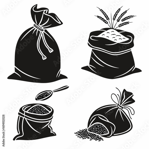 Grain sacks and scoop silhouettes rice