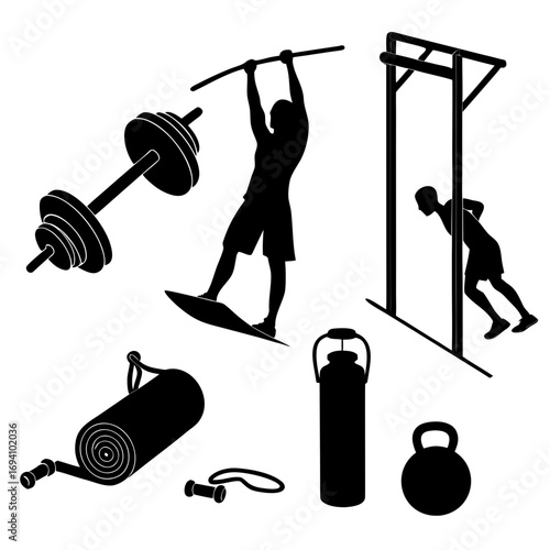 Gym equipment and people silhouettes fitness workout