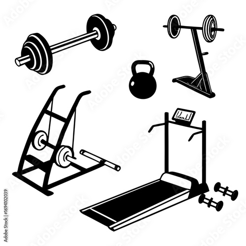 Gym equipment collection black silhouettes barbell