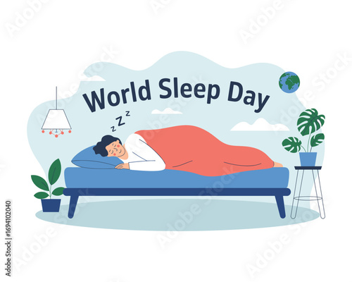World Sleep Day illustration: A vibrant illustration celebrating World Sleep Day, with a figure peacefully sleeping on a bed, surrounded by elements symbolic of rest and well-being.