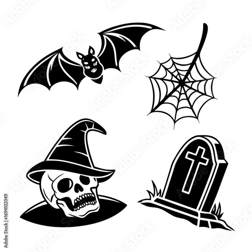 Halloween icons bat skull spiderweb tombstone vector
