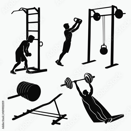 Gym workout equipment silhouettes fitness exercise