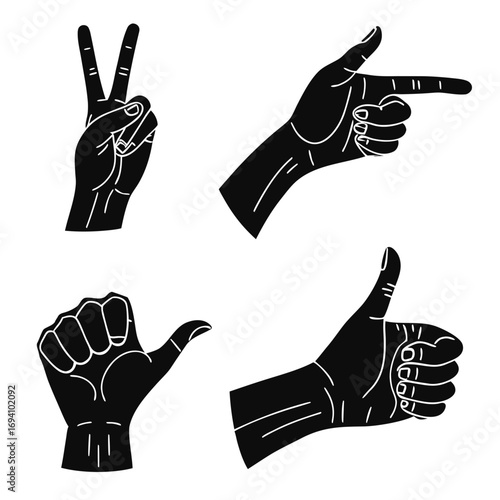 Hand gesture icons peace thumbs up pointing fist silhouette