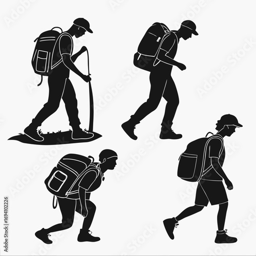 Hikers with backpacks walking and climbing hiking silhouette
