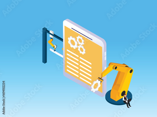 Website optimization and maintenance by robotic arm 3d isometric vector illustration