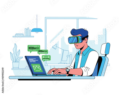 Digital Immersion: A person equipped with VR glasses is immersed in the digital world, interacting with a virtual interface and exploring the virtual realm through a computer.