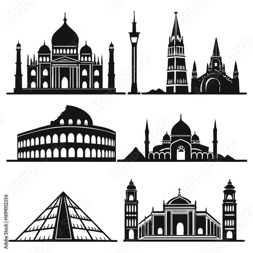 Historic architectural monuments skyline silhouettes