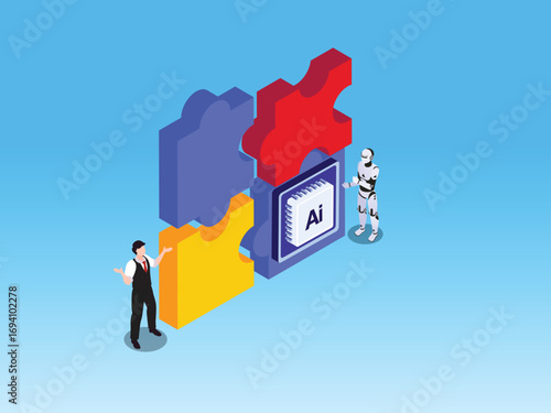 Collaboration between AI and human to solve business problem 3d isometric vector illustration