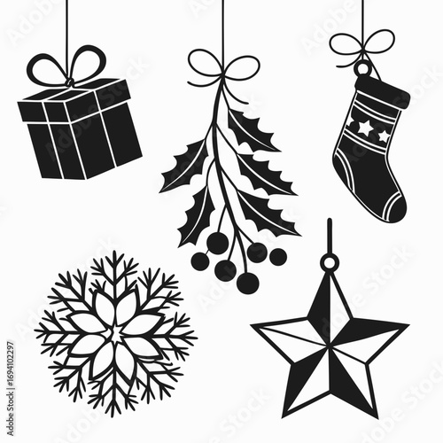 Holiday ornaments gift box holly snowflake star stocking
